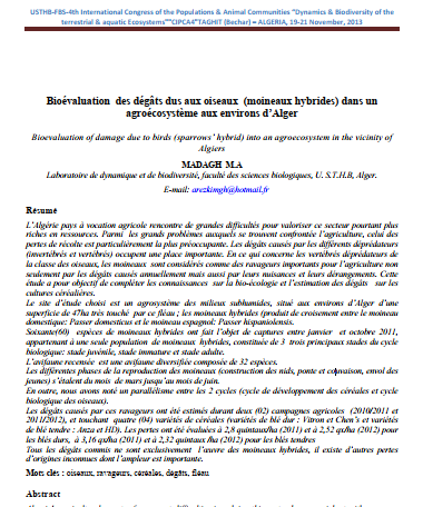 Bioévaluation des dégâts dus aux oiseaux (moineaux hybrides) dans un agroécosystème aux environs d’Alger