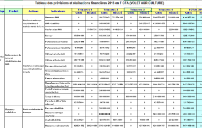 Tableau des prévisions et réalisations financières 2016 en F CFA (VOLET AGRICULTURE)