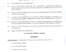 Décret N°2021-347/PRN/MAG du 27 Mai 2021 portant organisation du Ministère de l’Agriculture