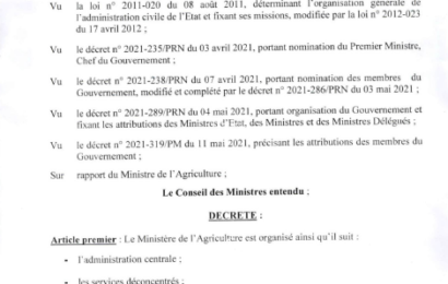 Décret N°2021-347/PRN/MAG du 27 Mai 2021 portant organisation du Ministère de l’Agriculture