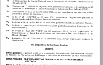 Arrêté portant organisation du Ministère de ‘Agriculture et de l’Élevage