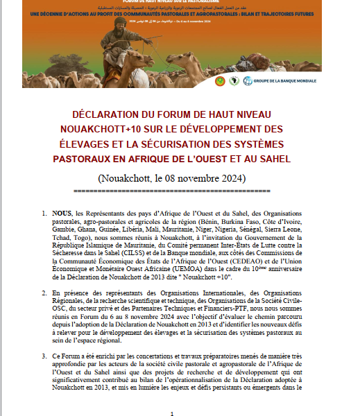 DÉCLARATION DU FORUM DE HAUT NIVEAU NOUAKCHOTT+10 SUR LE DÉVELOPPEMENT DES ÉLEVAGES ET LA SÉCURISATION DES SYSTÈMES PASTORAUX EN AFRIQUE DE L’OUEST ET AU SAHEL